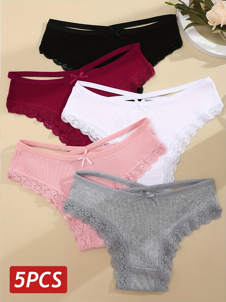 5PCS Women's Cotton Briefs Sexy Lace Underpant Hollow Brazilian Panties Comfortable Underwear Lingerie S-XL Solid Color Lingerie