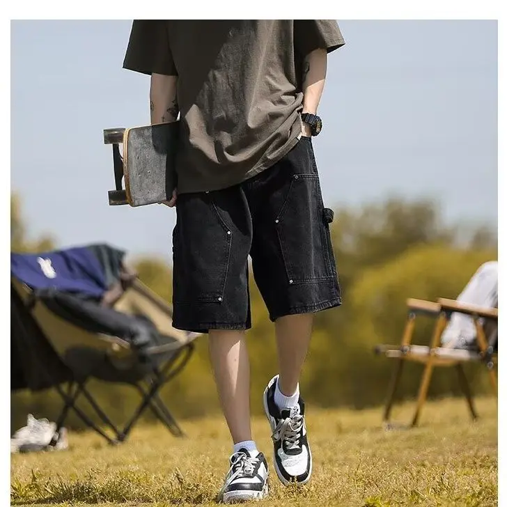 Fashion 2026 Retro Denim Summer Thin Trendy Casual Blue Short Rivet Multi-pocket Washed Baggy Medium Pants Washed Shorts Men