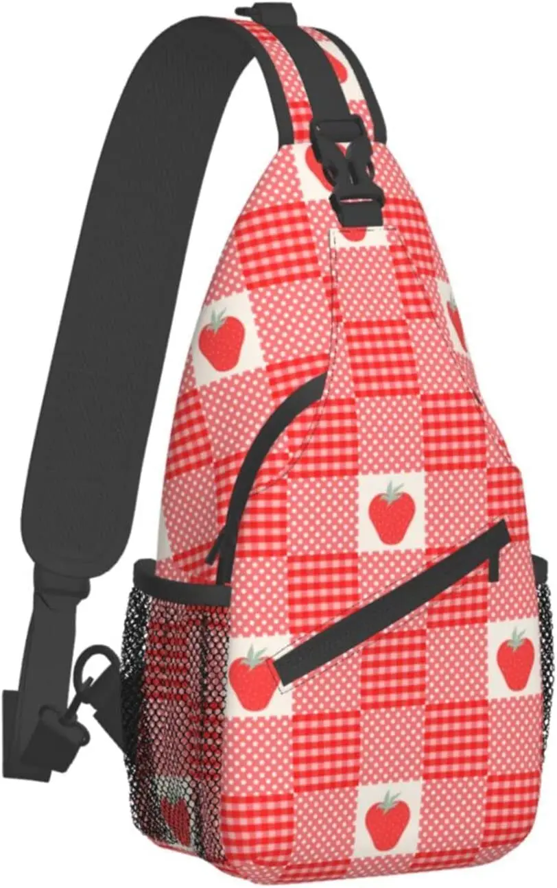 Cute Pink Strawberry Pattern Sling Backpack Multipurpose Crossbody Chest Bag Shoulder Bag Travel Hiking Daypack for Men Women