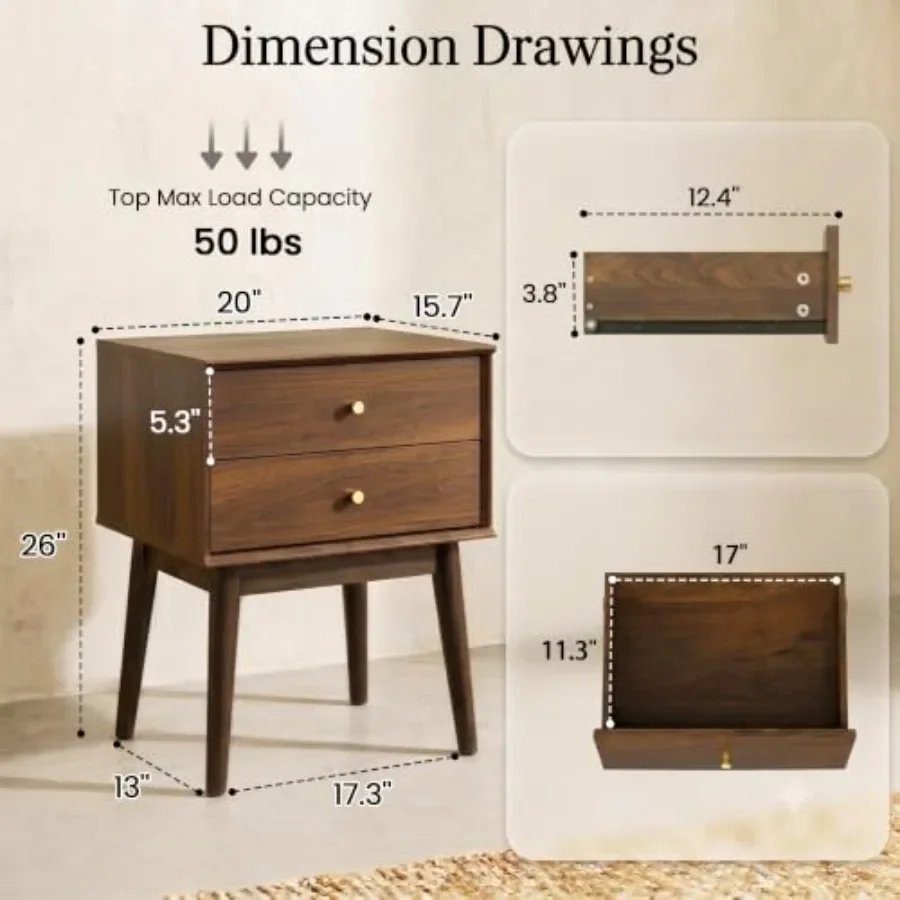 Mid Century Modern 2 Drawer Nightstand, 26