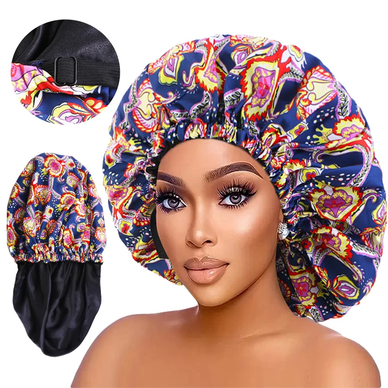 New Large Women Satin Bonnet Hat Layer Reversible Sleep Cap Reversible Adjustable Night Sleep Cover Cap for Curly Natural Hair