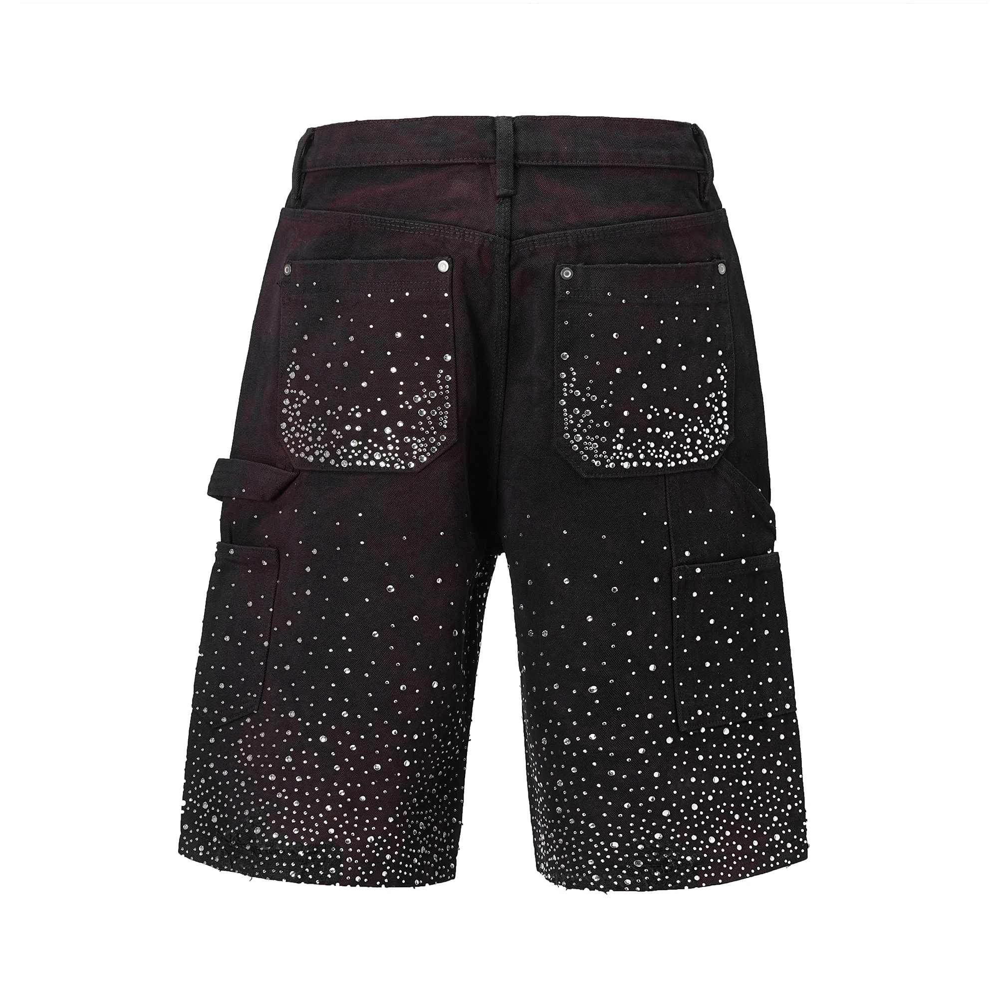 Streetwear Full Rhinestone Print Baggy Jeans Shorts for Men Ripped Hole Washed Short Casual Loose Denim Five Point Pants