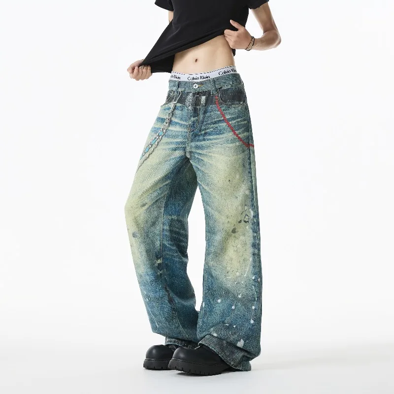 

Niche Design Men's Denim Pants Chain Printing Contrast Color Splash-ink Casual Wide Leg Vintage Loose Male Jeans