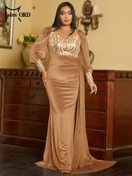 Missord Plus Size Ribbon Lantern Sleeve Velvet Gold Evening Dress Formal Occasion Dresses