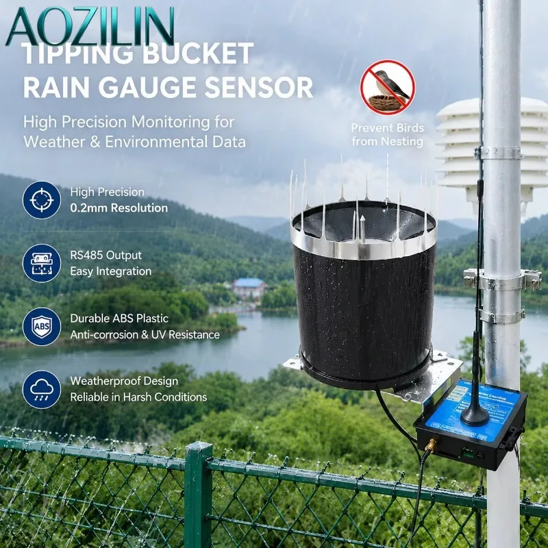 AOZILIN ABS Plastic Tipping Bucket Rain Gauge Sensor High Precision 0.2mm Pulse RS485 Output Weather Meteorological Detector