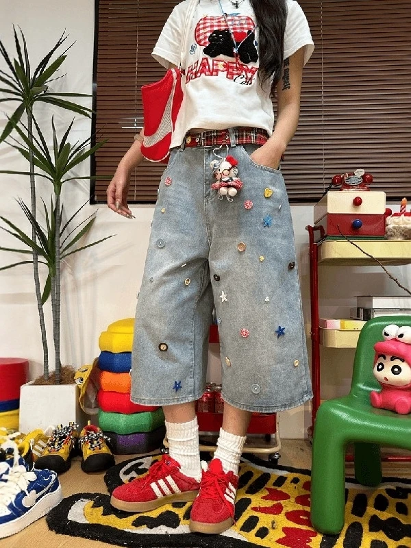

Summer Loose High Waist Wide Leg Jeans Women's Knee-Length Over-The-Knee plus Size Comfortable Dopaamine Colored Button Shorts