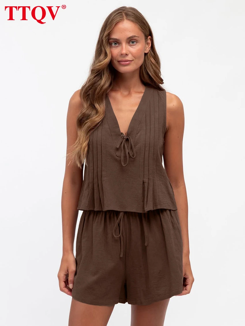 

TTQV Summer Loose Brown Cotton Women's Two Pieces Set 2026 Fashion Sleeveless Tank Top With High Waist Shorts Set Female