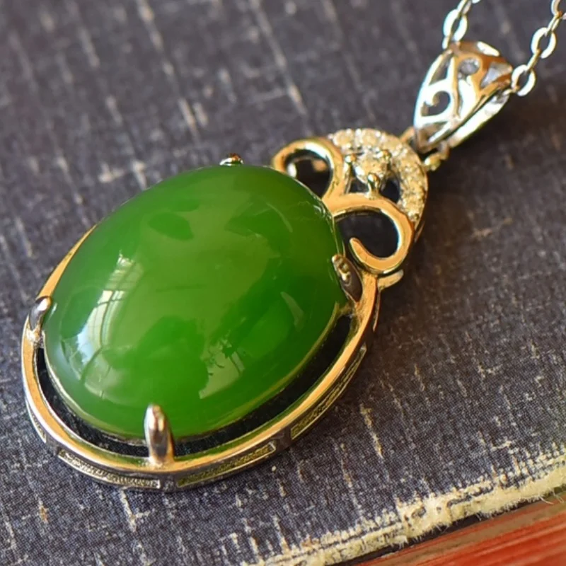 SGARIT Natural Hetian Green Jade S925 Silver Cabochon Pendant 15*30mm Simple Design Fine Texture Fashion Versatile Jadeite