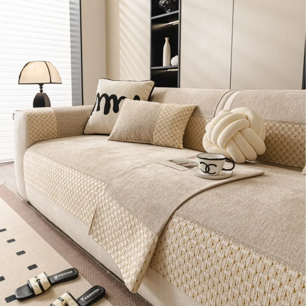 1pc Light Luxury Non-Slip Sofa Cover, All-Season Chenille Cushion Protector with Contrast Hem, Couch Seat Cover Decor
