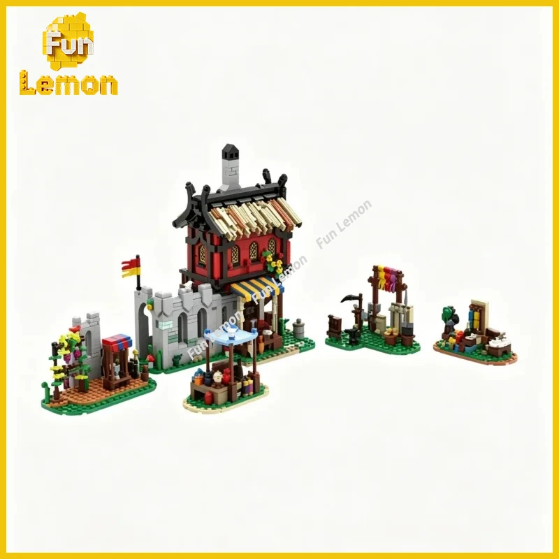 

Medieval Guarded Vendor Stalls MOC Building Blocks Detailed Ancient Market Street Model Mini Figures DIY Assembly Desktop
