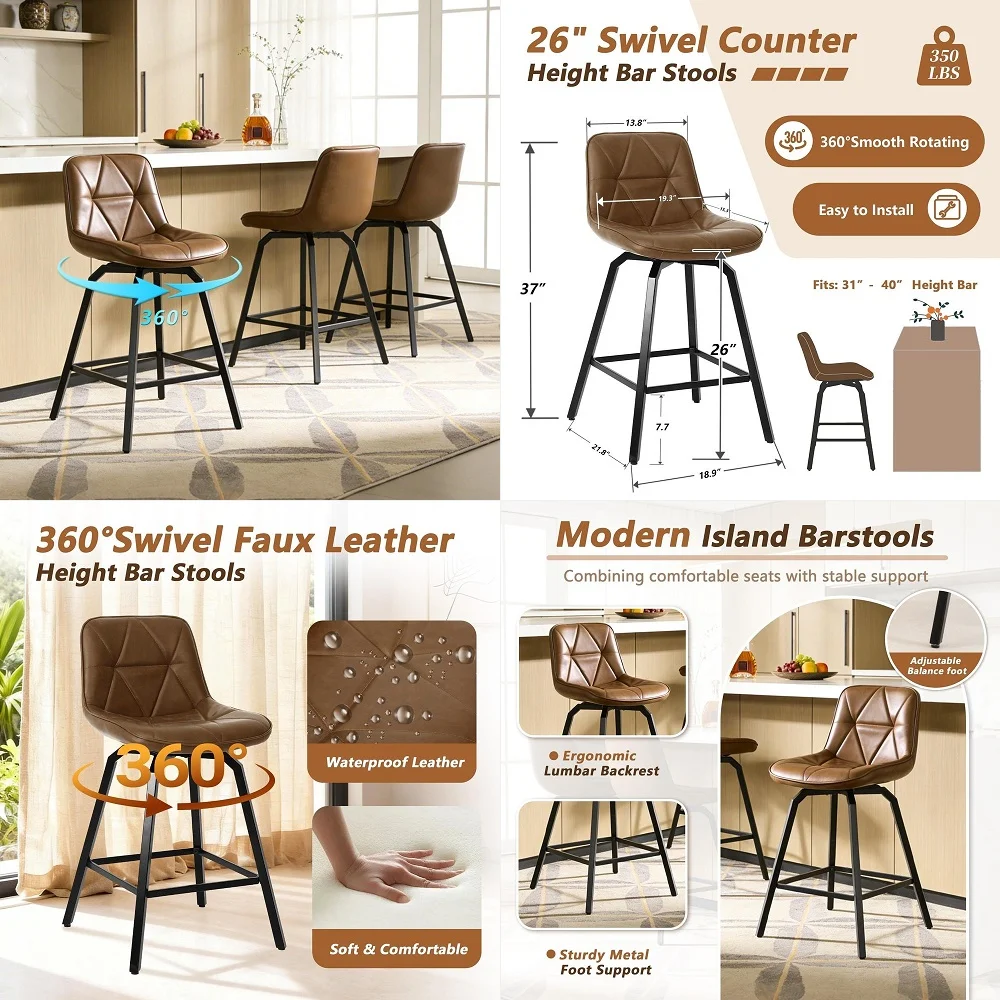 

Bar Stools Set of 3, 26 Counter Height Bar Stools Triangle PU Leather, Island Chairs with Back and Footrest, for Kitchen Counte