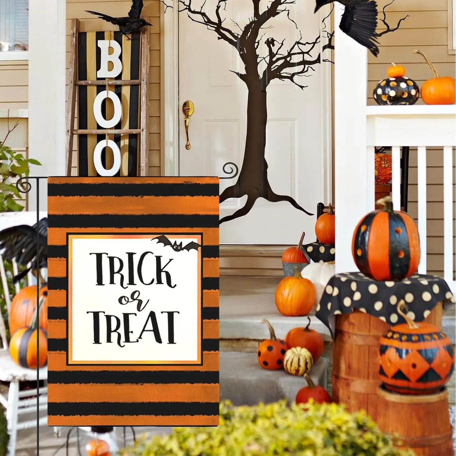 Halloween Trick or Treat Garden Flag - 12×18 Inch Vertical Burlap Double Sided Welcome Garden Flag for Yard Farm Outdoor Par GGX