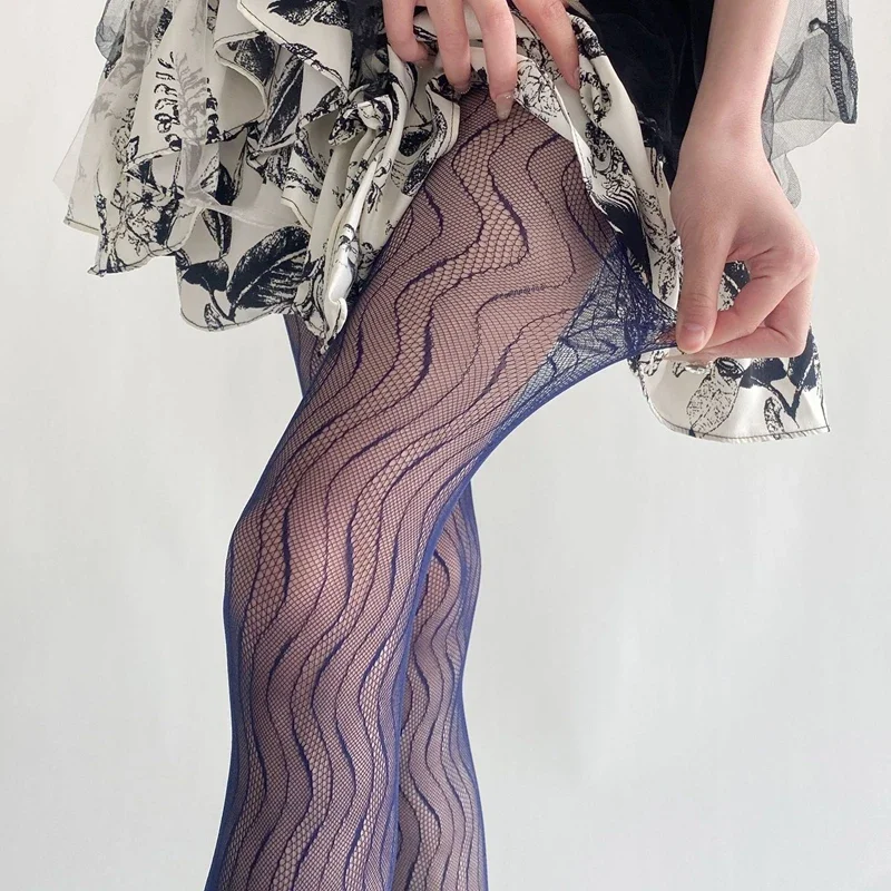 

Women's Tights Elegant Sexy Wave Bottoming Stockings Ladies Hollow Out Lace Pantyhose Breathable Sheer Female Long Stockings