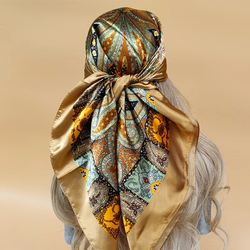 Silk Scarf Scarftop Headwraps For Women Vintage Four Seasons Hair Scarve 90*90cm Hijab Foulard Iuxe Bandana Femme Headscarf