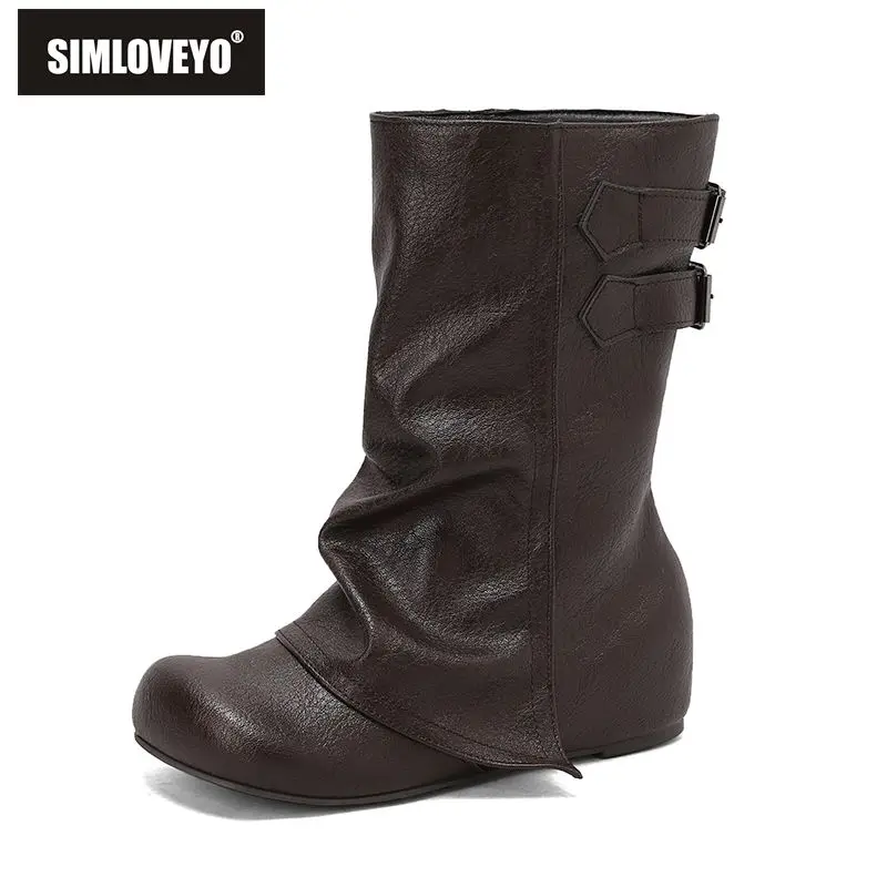 

SIMLOVEYO Fashionable Women Mid Calf Round Toe Boots 3.5cm Heel Slip On with Belt Buckles Large Size 46 48 49 50