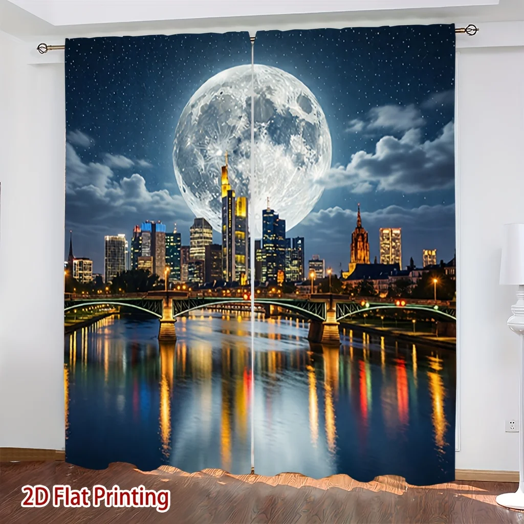 Abstract Full Moon Night Sky City Skyline Curtains Window Tapestry Decor Luxury Blue Polyester Curtain