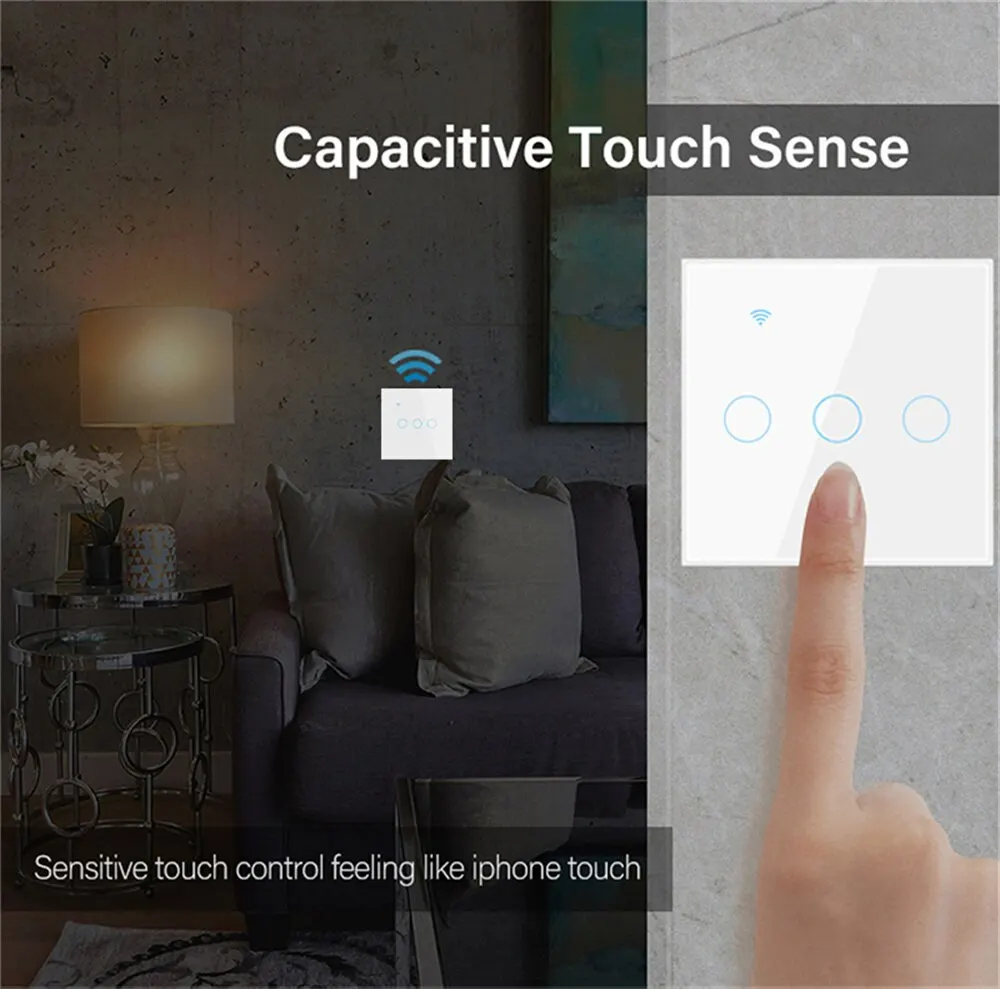Interruptor inteligente con WiFi para el hogar, pulsador con Panel táctil de 1/2/3 entradas, compatible con Alexa y Google Home, Tuya, UE, necesita cable neutro, Control por aplicación Smart Life