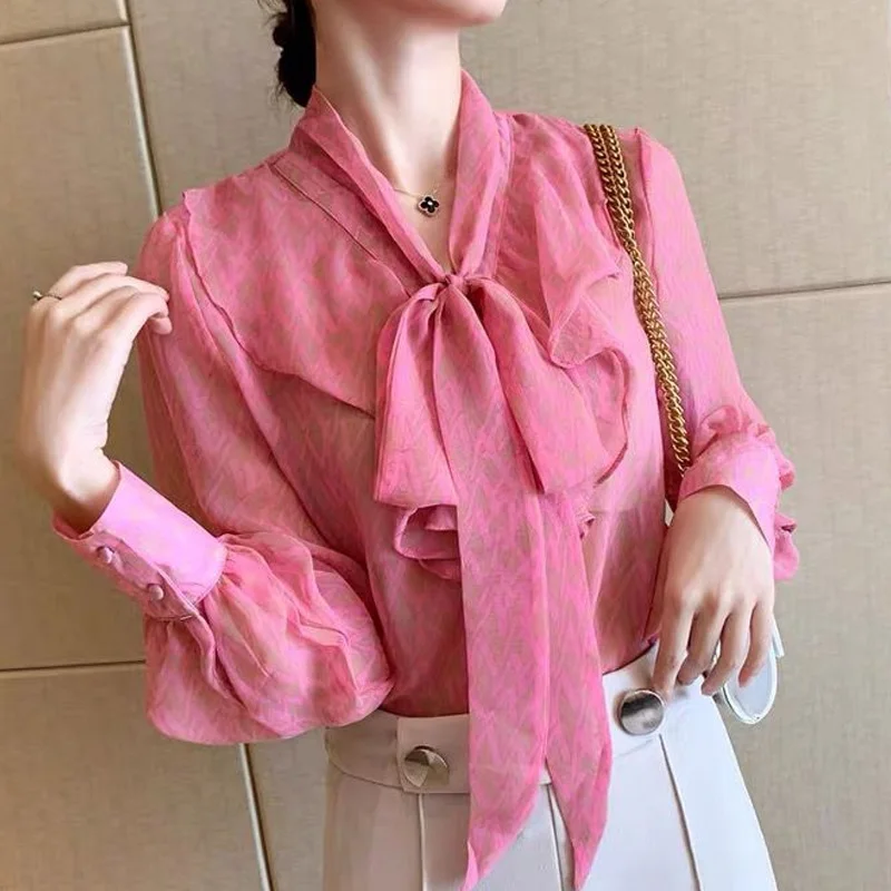 2024 New Elegant Long Sleeve Office Lady Shirts Ladies Solid Color Temperament Blouses Summer Loose Chiffon Women\'s Clothing