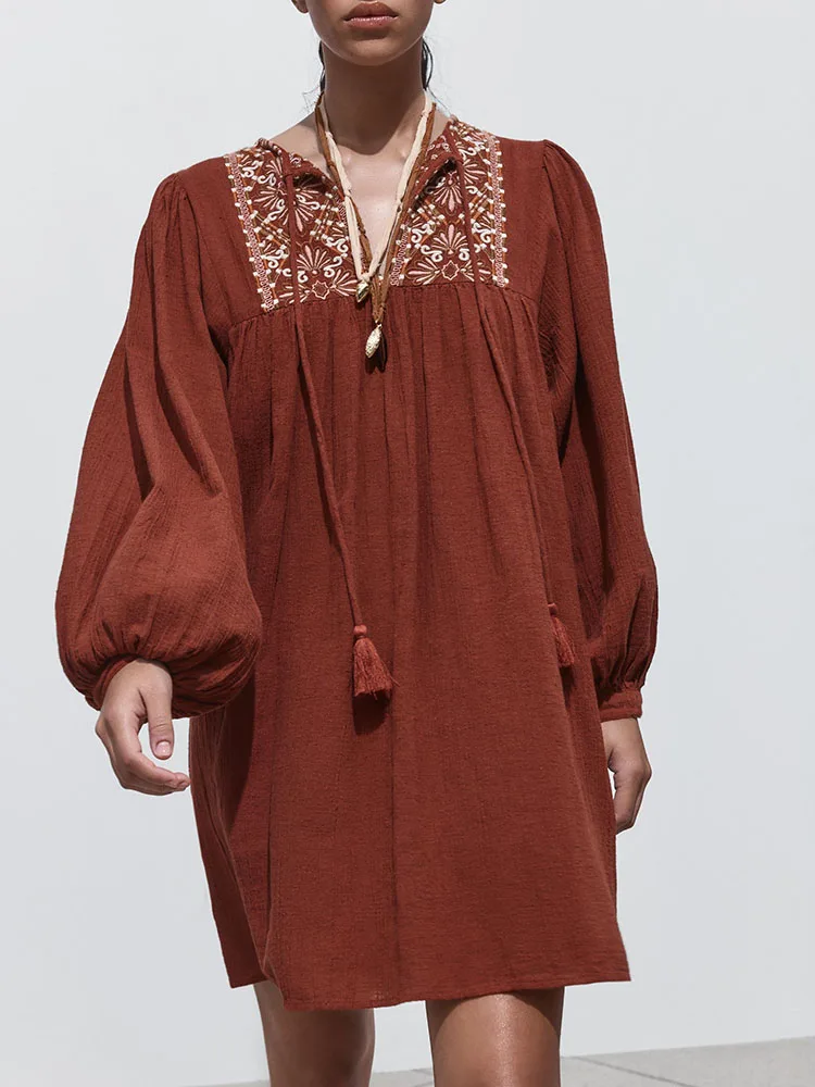 فستان نسائي جديد ربيعي وصل حديثًا مطرز بشكل أنيق ورقبة دائرية وأكمام طويلة وطول قصير على الطراز الفني ثوب عصري