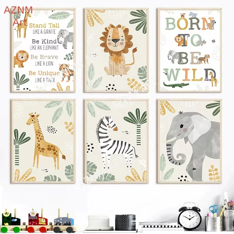 Dschungel Tiere Leinwand Poster Löwe Zebra Elefant Leinwand Druck Malerei Dekor Kinder Schlafzimmer Wand Kunstdruck Bilder Kinderzimmer Dekor