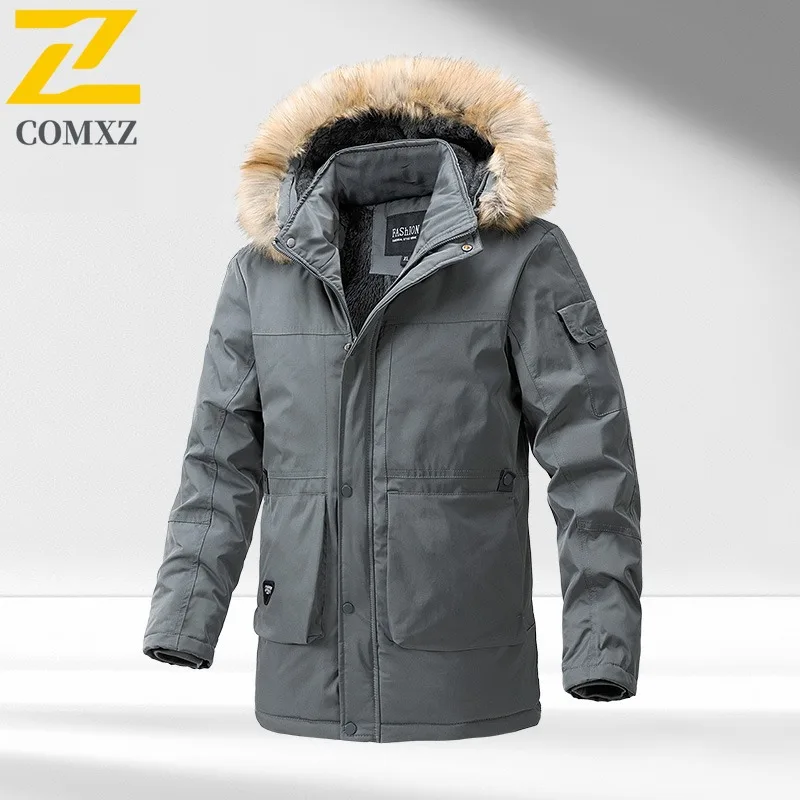 COMXZ 2025 Mens Korean Style Thickened Hooded Fleece Long Winter Jacket Waterproof And Windproof Warm Tactics Sport Trench coat