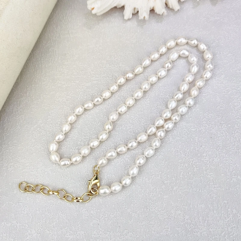 6MM Rice Shape Natural Freshwater Pearl Neklace with Adjustable Chain for Women Fashion Engagement Gift 16+2 inch