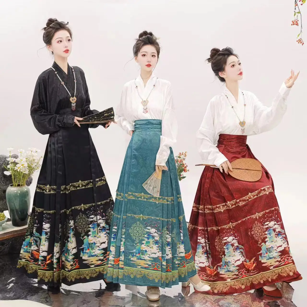 Hanfu tradisional Cina Set Wanita rok wajah kuda Set harian tambal sulam cetak musim dingin musim semi Cosplay gaun Cina