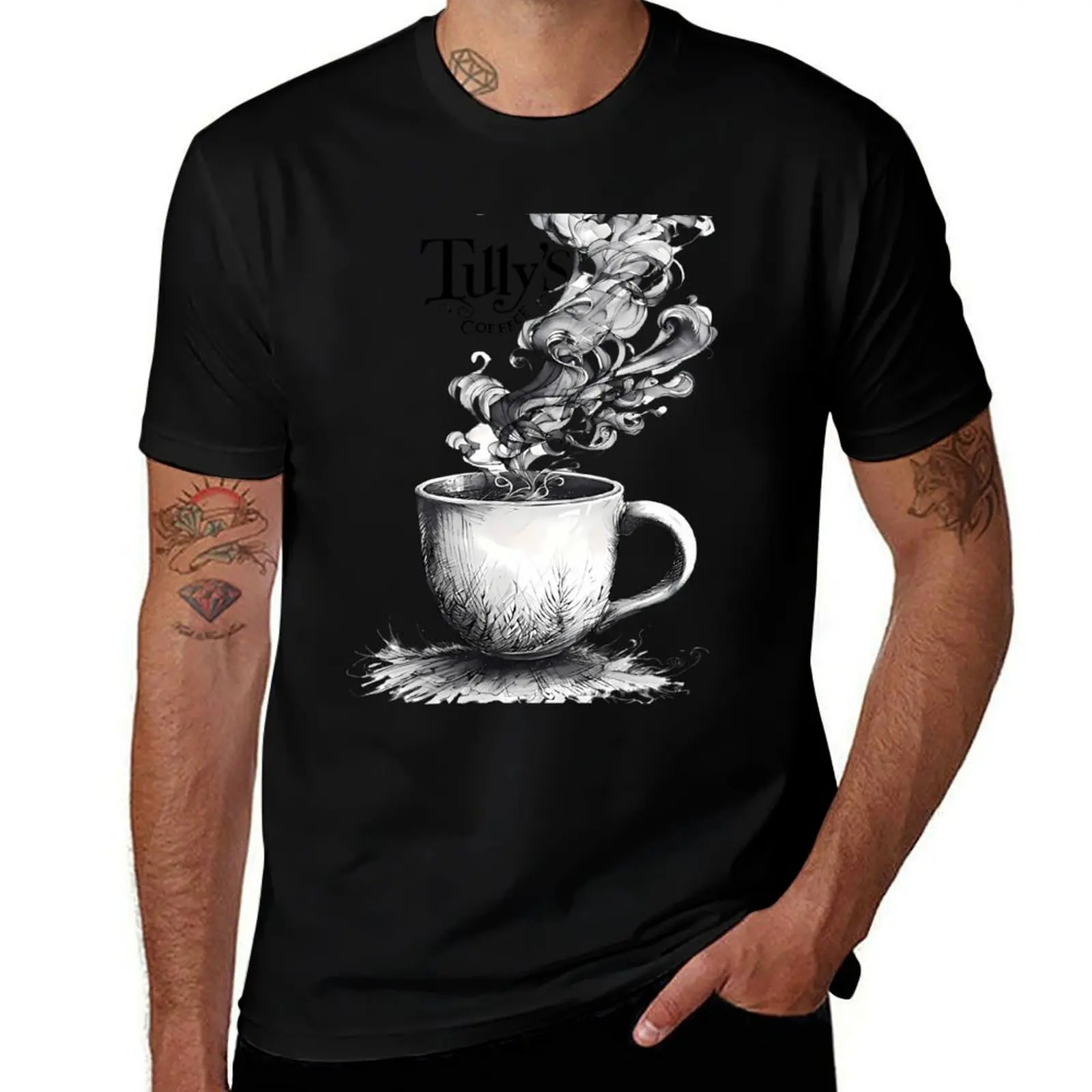 

Tully’s Coffee Illustration Intricate Black-and-White Steam Design T-Shirt shirts graphic tees customizeds men graphic t shirts