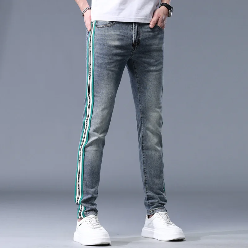 Striped printed jeans for men's summer slim 2024 fashion design with elastic slim fit and versatile light luxury pants