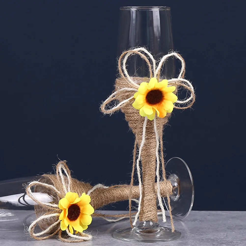 Rustic Sunflower Goblets with Hemp Rope Wrap – Elegant Wine Glasses for Wedding, Party, Decoration & Gift Set