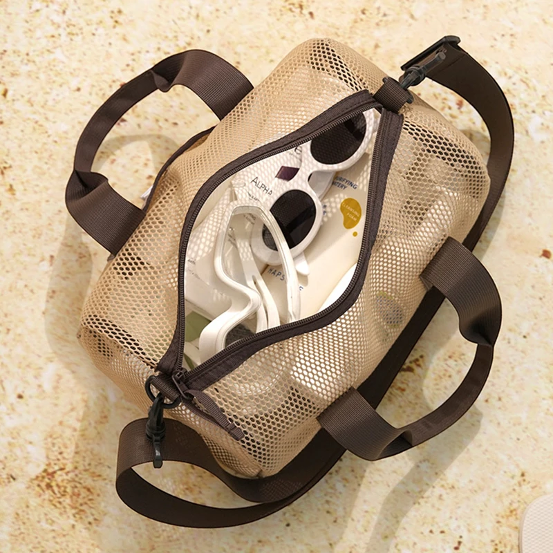 See Through Mesh Beach Bag Quick Dry Swim Gym Duffle Handbag Detachable Crossbody Strap Outdoor Vacation Storage Tote Purse view 5