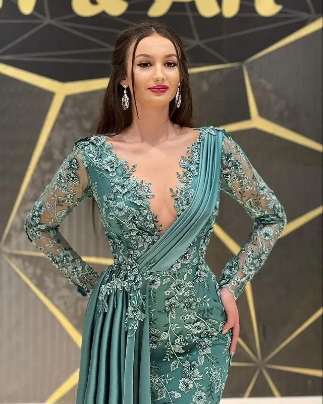 Sage Green Arabic Aso Ebi Mermaid Prom Dresses Beaded Lace Luxurious customsized Long Sleeve Side Train Evening Reception Gown