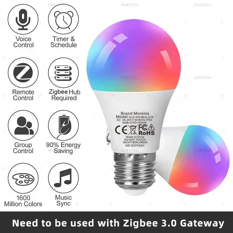Zigbee 3.0 Smart Led Bulb E27 B22 Lamps RGBCW Works With Alexa Echo Plus Google Home Assistant APP Voice Control 110V 220V 2MQTT