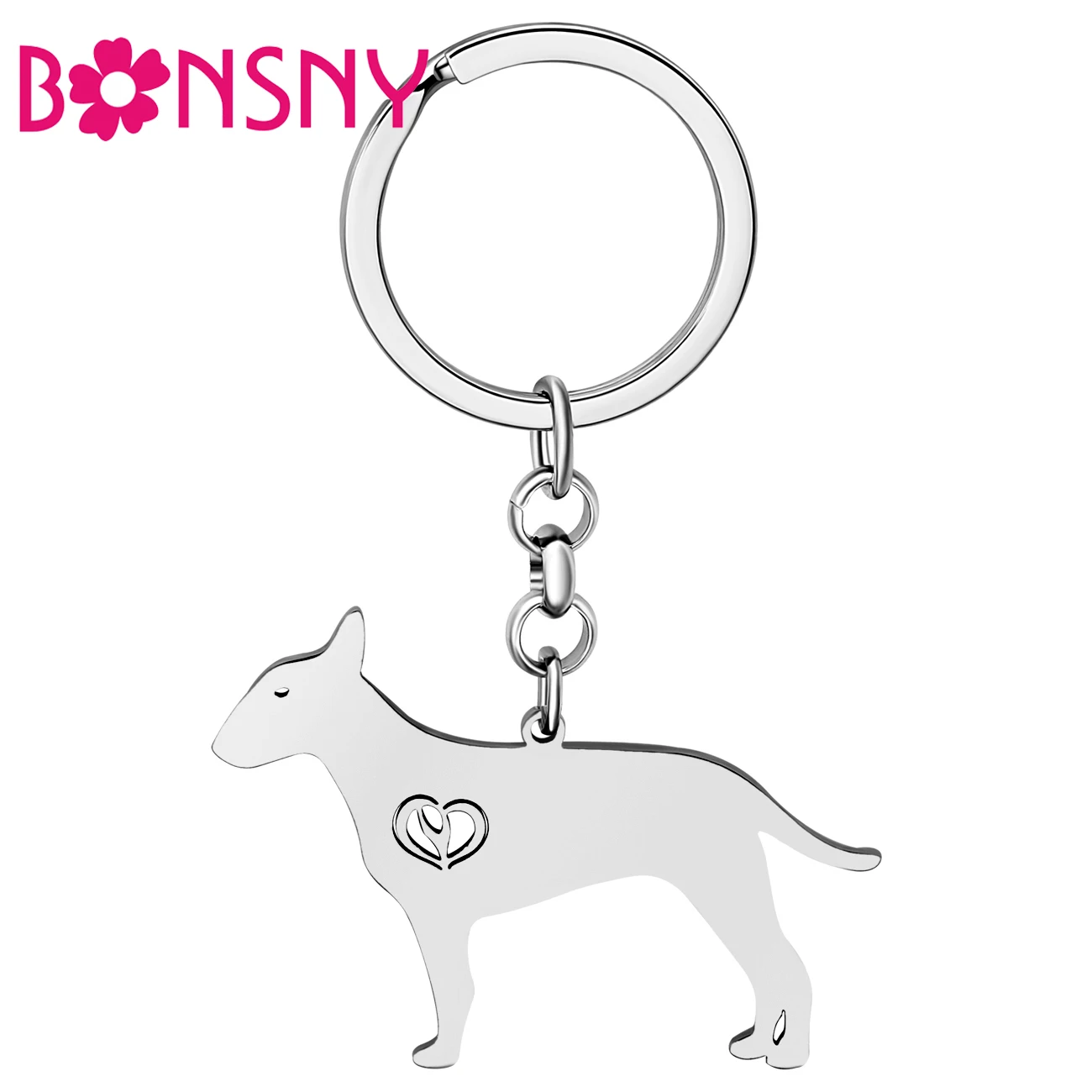 Bonsny Stainless Steel Silver-plated Bull Terrier Doggy Keychains Keyring For Women Dog Lovers Charm Puppy Bag Purse Key Chain