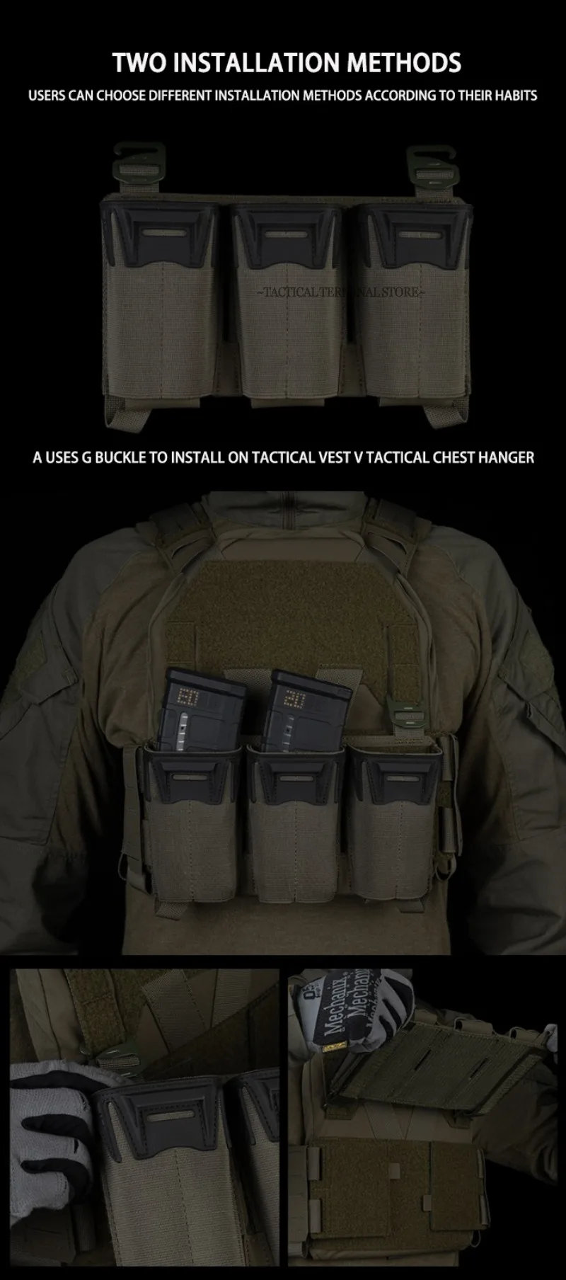 Taktische Plakat Multi-Kaliber Triple Mag Pouch Für 5,56/7,62x39/PCC 9 MM Erweiterte Glock Magazin KZ Jagd Weste Front Panel – Detail 4