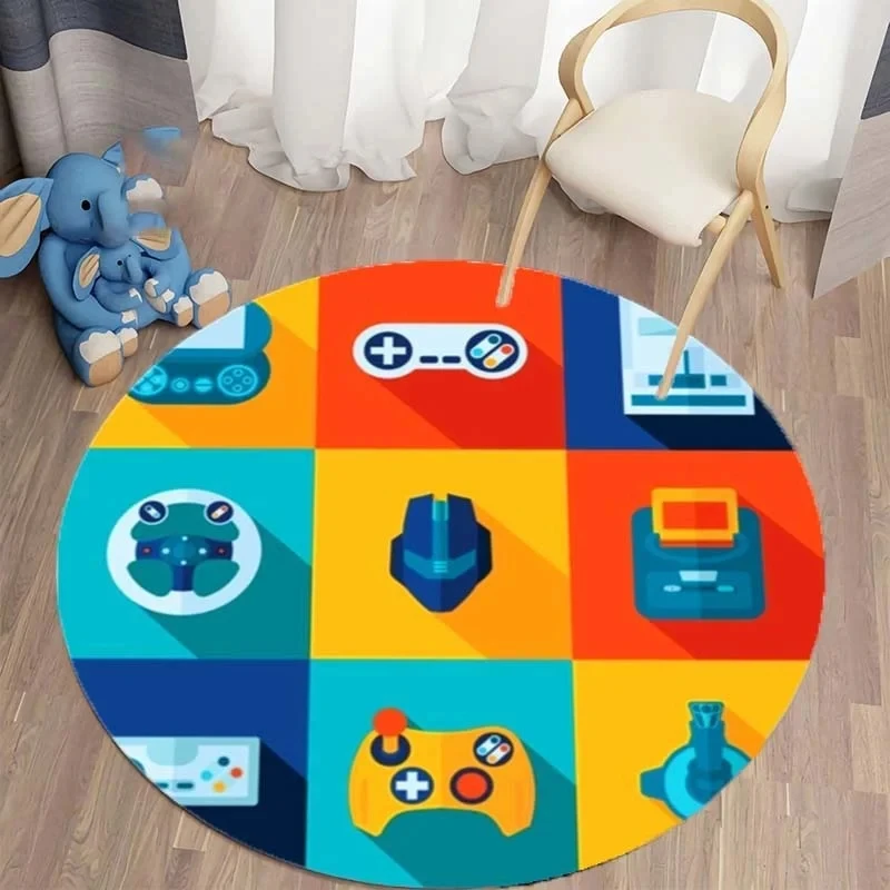 Cartoon Gamer Game Controller Round Rug Gaming Circle Carpet Home Living Room Bedroom Dorm Decor Floor Mat Video Games Chair Mat