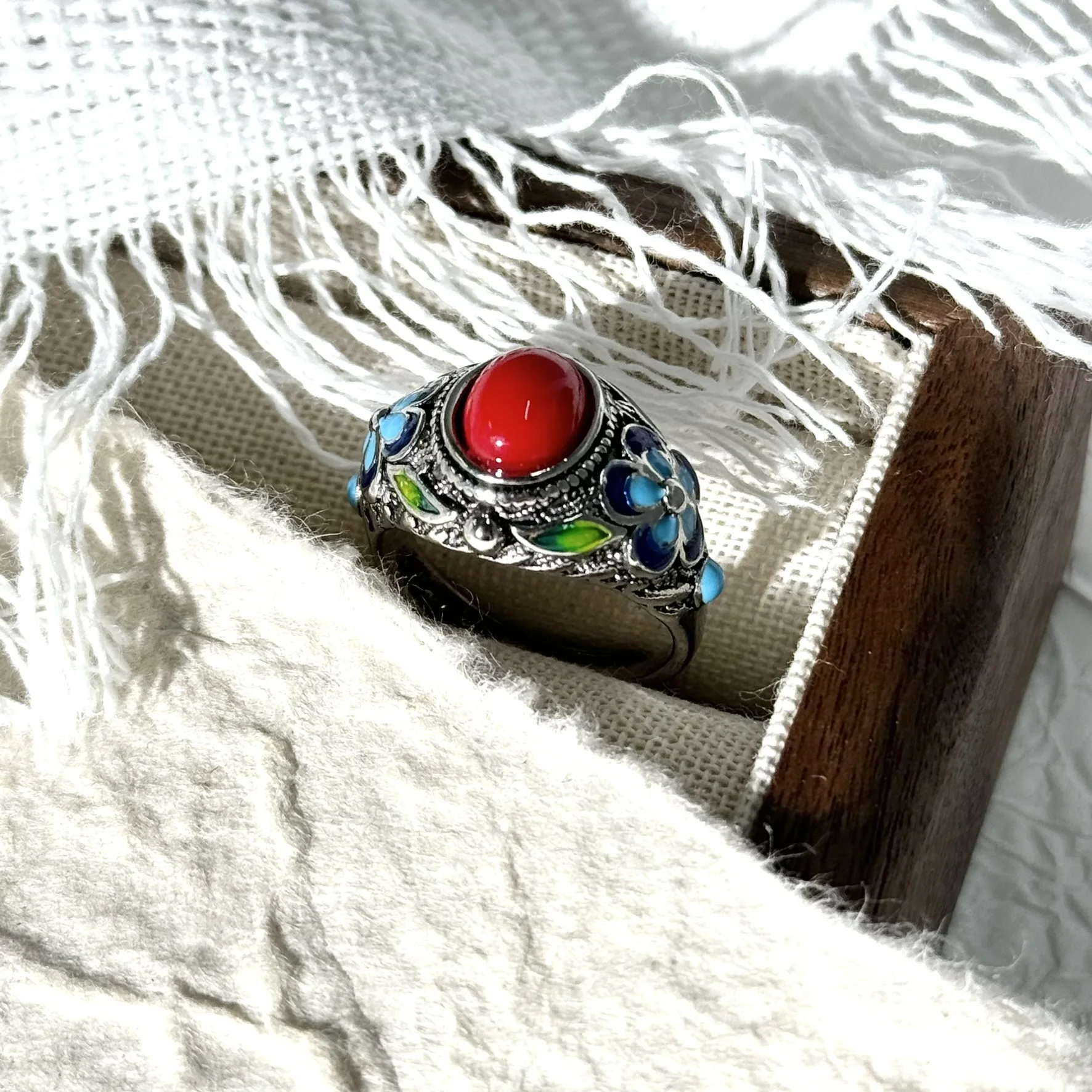 Filigree inlaid ring made of old burnt blue retro palace ring 925 silver handmade wire ring as a gift for mom