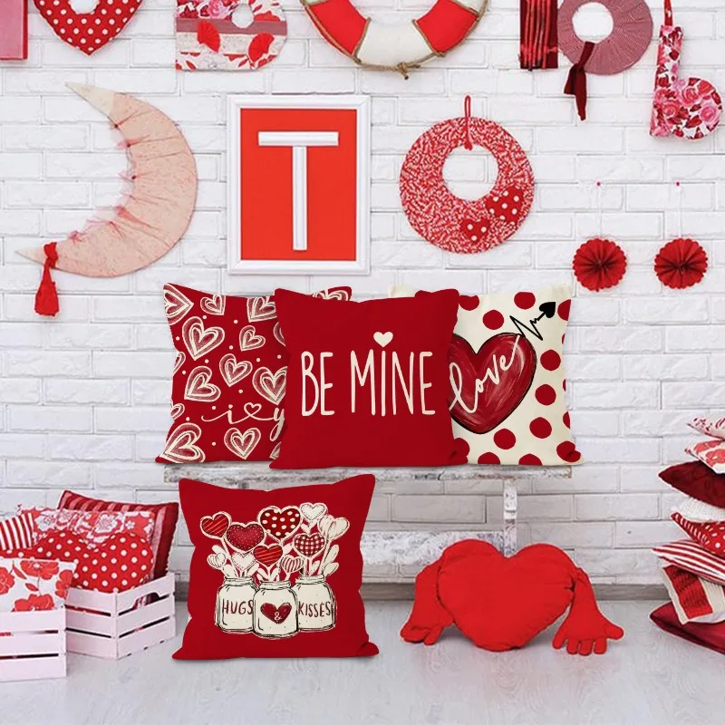 Valentine's Day Love Heart Print Home Decor Pillowcase Bedroom Living Room Sofa Decoration Polyester Cushion Cover with Zipper