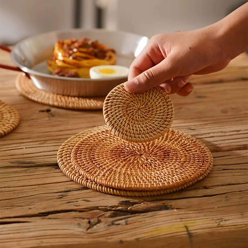 6Pcs Drink Coasters Set For Kungfu Tea Accessories Round Tableware Placemat Dish Mat Rattan Weave Cup Mat Pad Diameter 8Cm