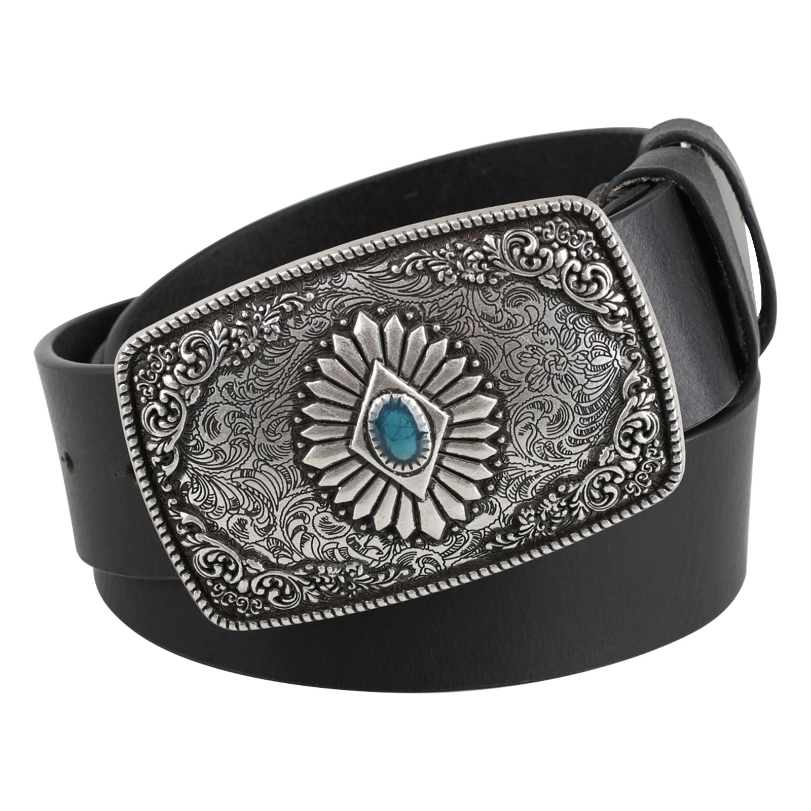 

Silver Plated Patterned Buckle Cowhide Belt Genuine Leather Retro