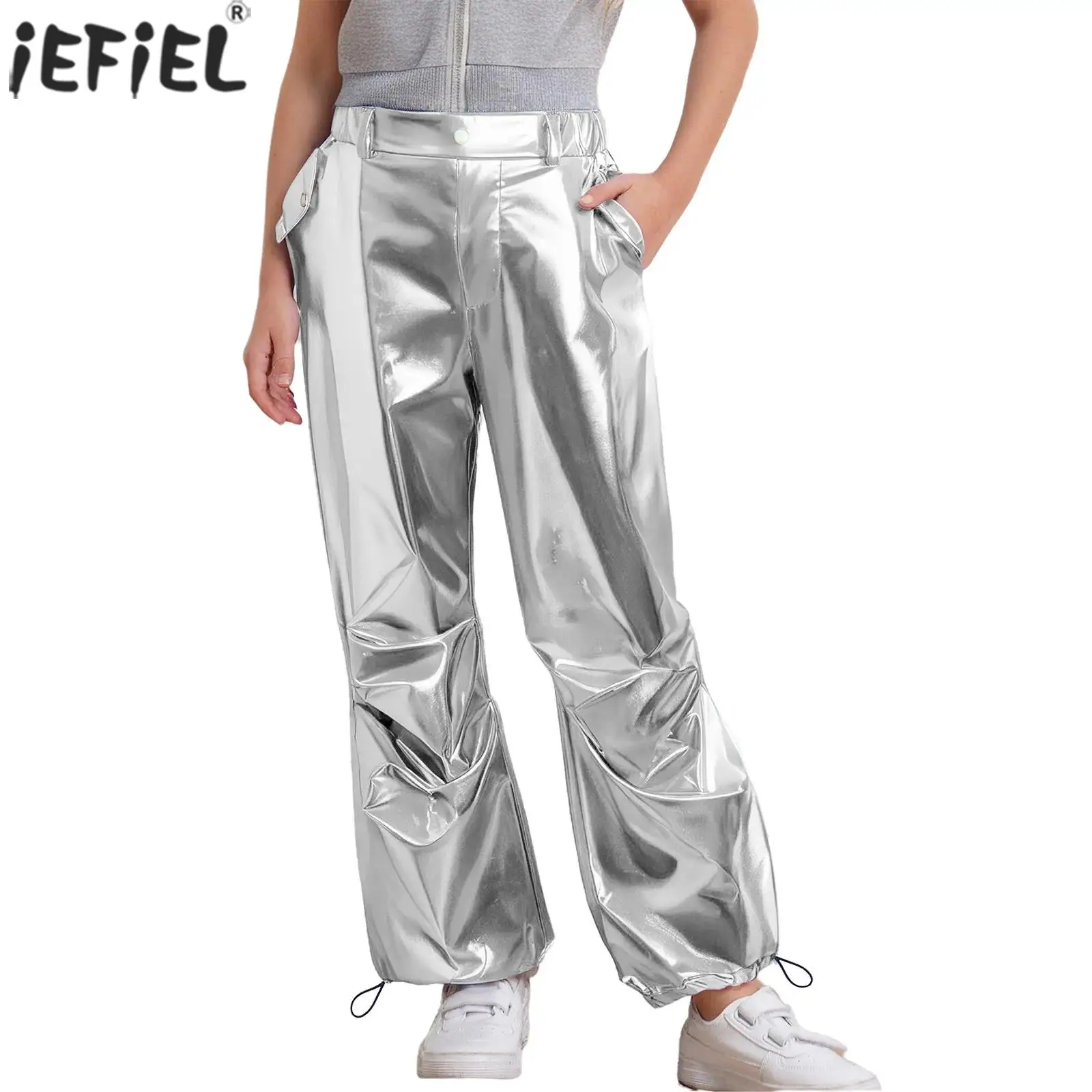Girls Metallic Cargo Pants Jazz Street Hip Hop Dance Trousers Fashion Ruched Jogger Pants with Pockets School Show Dancewear