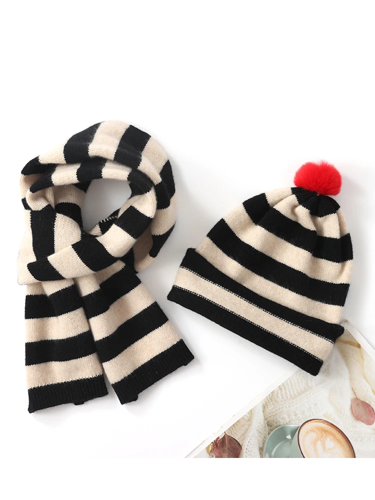 Sales Children Pure Wool Stripes Knit Hat Scarf Set Two-pieces Cap Kids Beanies Winter Autumn Warm Boy Girl Natural Wool