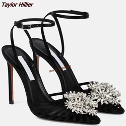 Retro Rhinestone Flower Stiletto High Heels Pointed Toe Hollow Buckle Strap Sandals Fashion Shoes Ladies Summer 2023 Elegant 46
