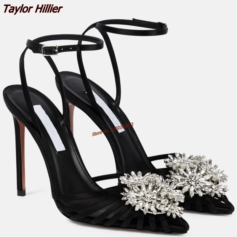 Retro Rhinestone Flower Stiletto High Heels Pointed Toe Hollow Buckle Strap Sandals Fashion Shoes Ladies Summer 2023 Elegant 46