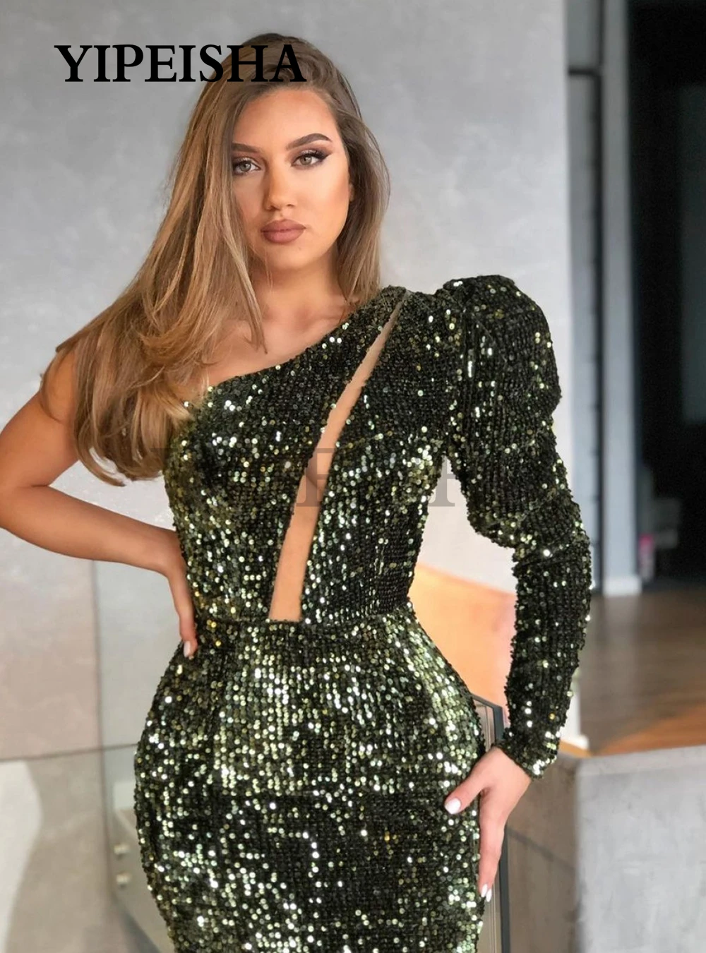 Customized Glittery One-Shoulder Formal Mermaid Evening Dresses Sweep Train Sequined Morn Prom Gown Robes Soirée Vestidos Fies