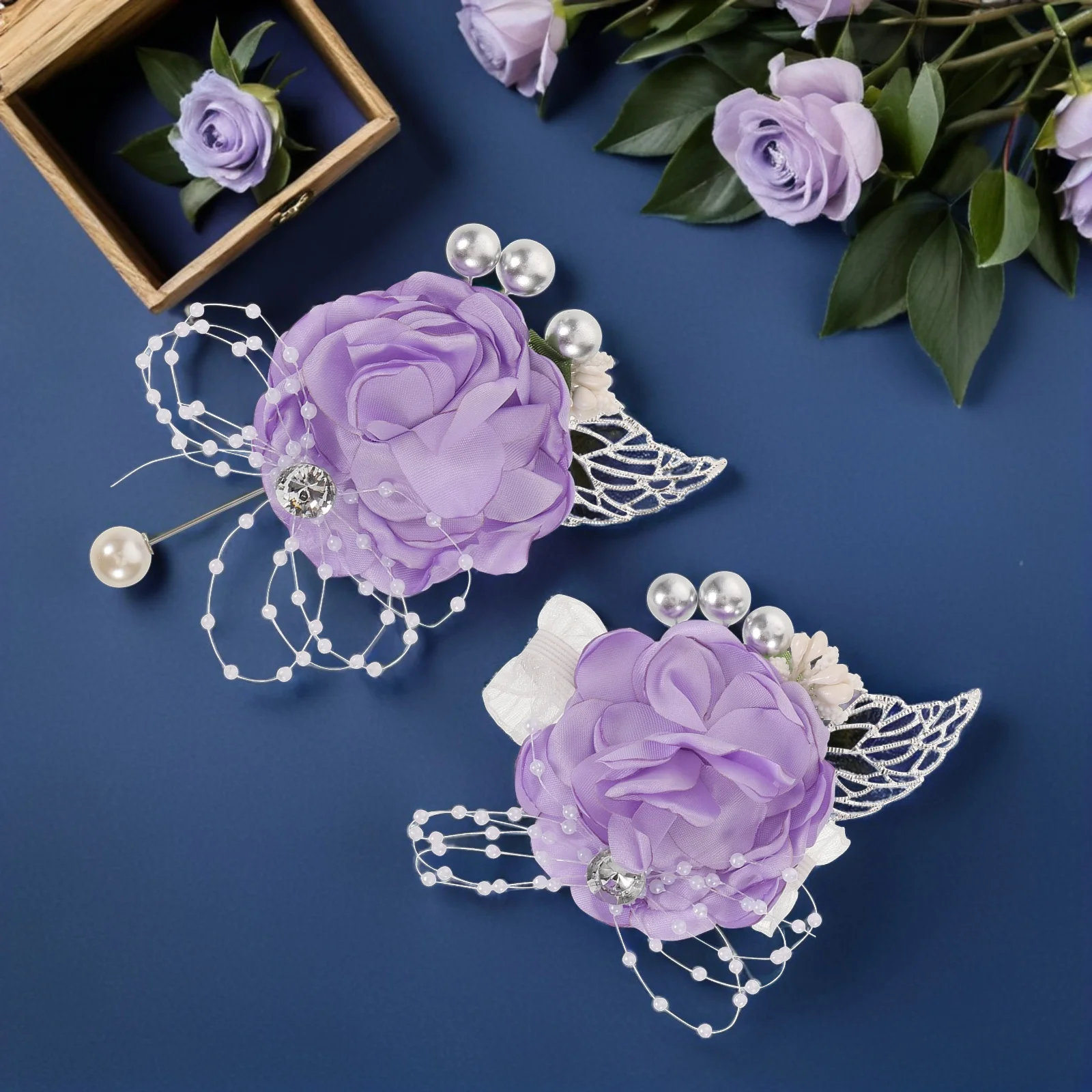 

1Set Wedding Flower Corsage Set Elegant Wrist Corsage and Boutonniere for Bride Groom Bridesmaids Artificial Bridal Wrist Flower