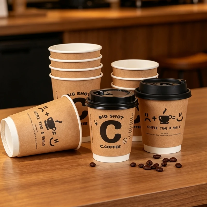 50Pcs 8/10/14oz Disposable Kraft Paper Coffee Cups Double‑Wall Insulated Takeaway Coffee Tea Milk Juice Paper Cup for Cafe Shop