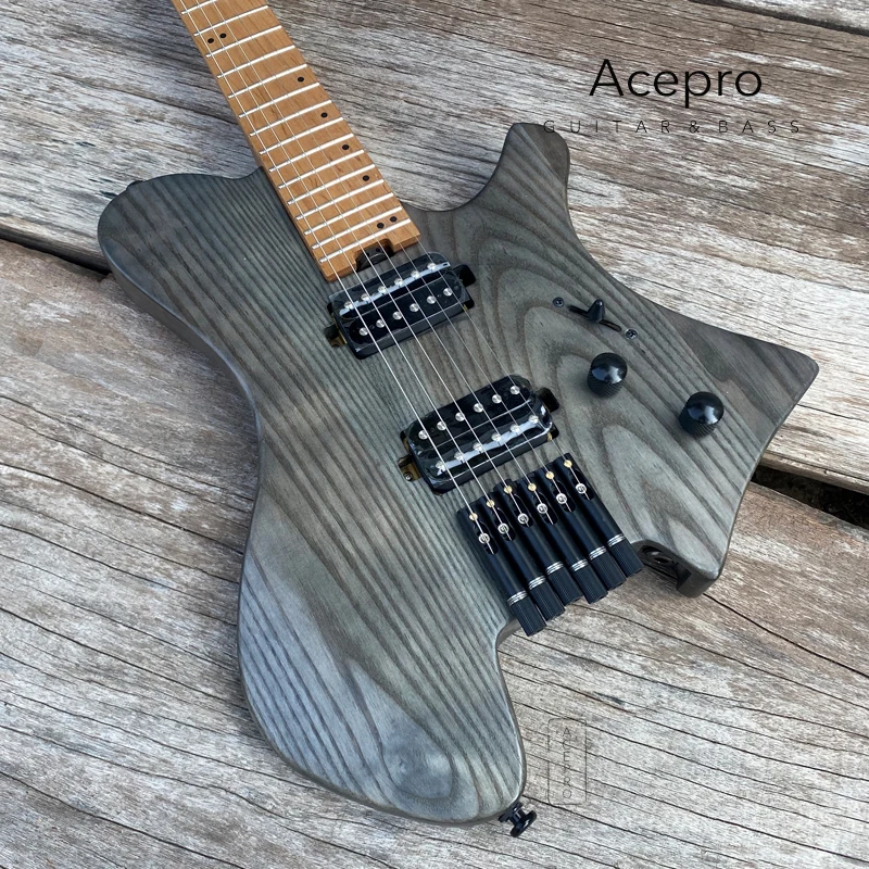 

Acepro Headless Electric Guitar,Humbucker Pickups, Stainless Steel Frets, Transparent Black Ash Body, Roasted Maple Neck