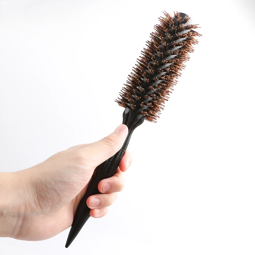 High Quality Hog Bristle Round Hair Brush Wooden Handle Quiff Roller Curly Comb Anti-static Roller Comb for Women Black
