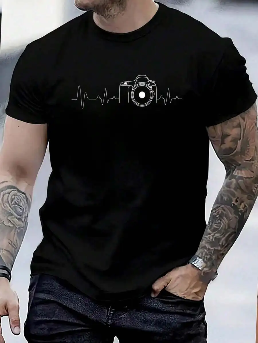 100% Cotton Photographer T-Shirt Gift Idea HeartBeat Photography Camera T-Shirt Men's Graphic Tee Causal Tops Fashion Tshirt Sho